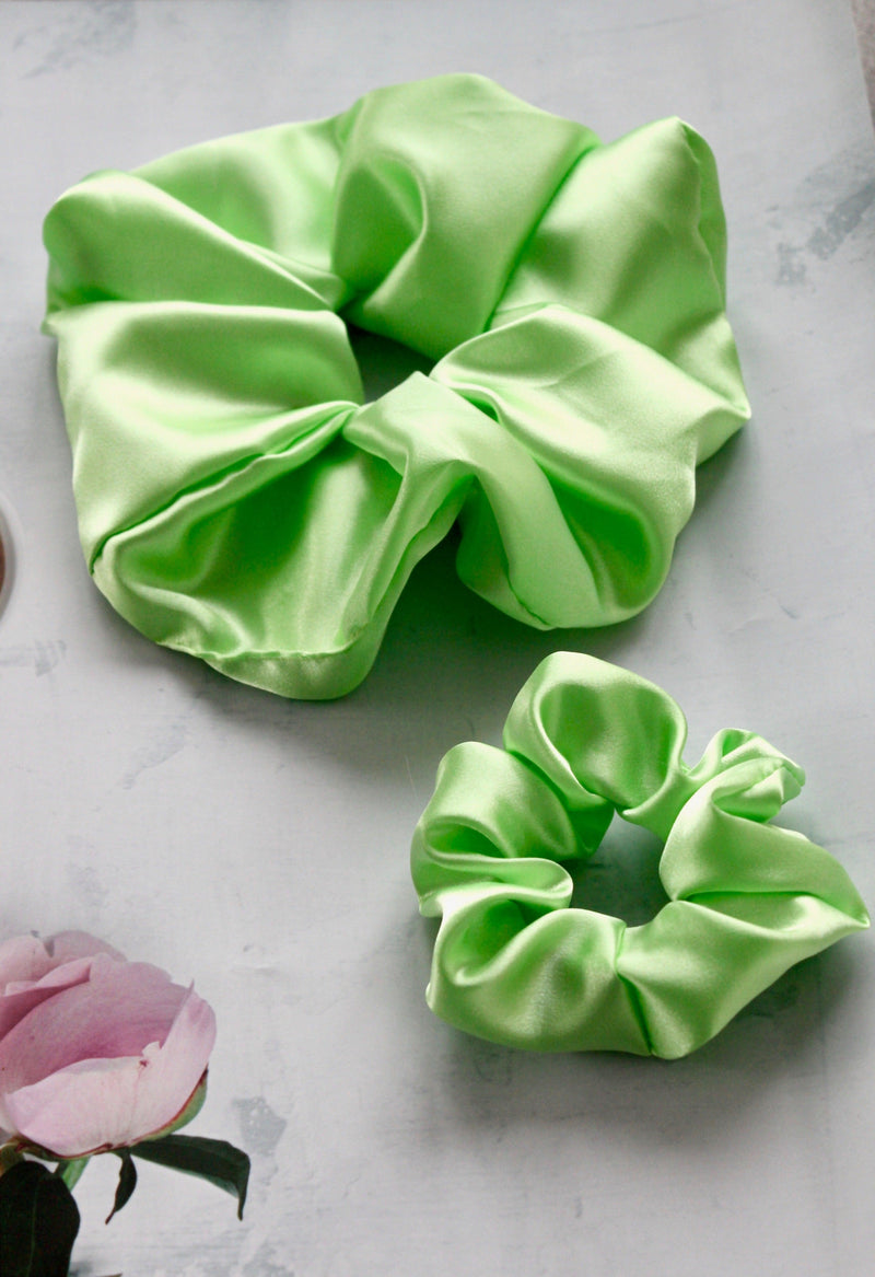 lime green satin scrunchies regular size and XXL size