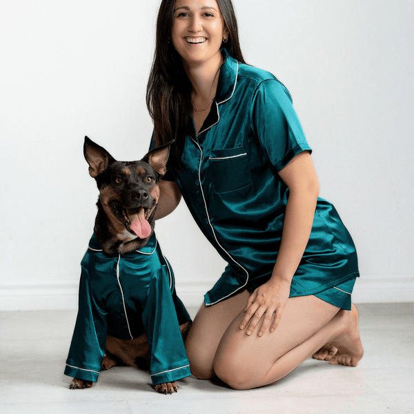 Matching Pet and Owner Pajamas Set in Sapphire Satin dogs and Cats