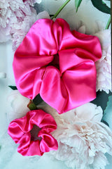 hot pink silk scrunchie. regular size and oversized scrunchie